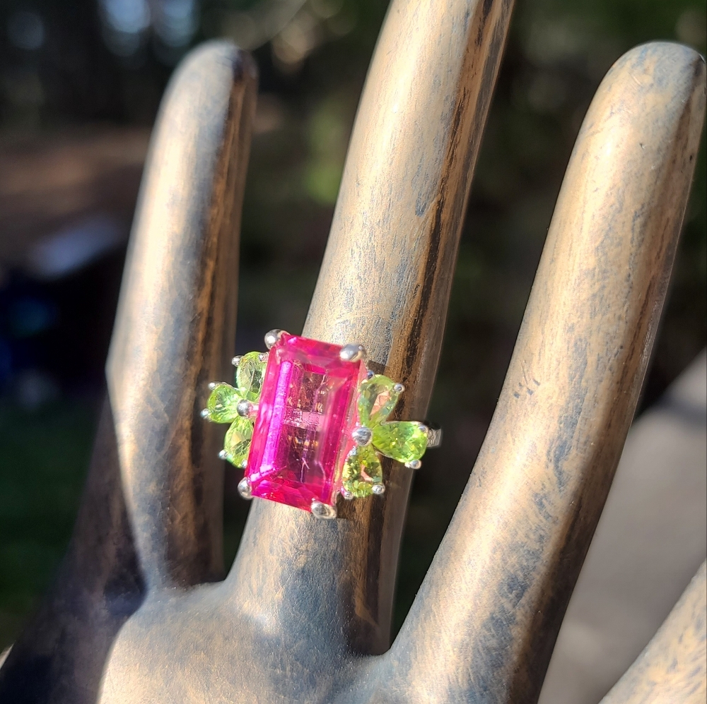 Pink Topaz massive 8k emerald cut with pear shape Peridot sterling ring sz 8 - Picture 6 of 17